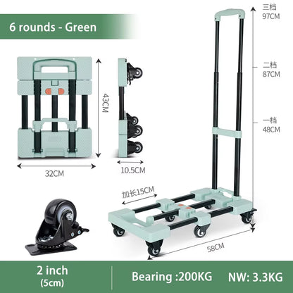 Trolley with Brakes Cargo Trolley Car Home Portable Trolley Foldable Outdoor Small Trailer Six Wheels