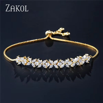 Classic White Marquise Cut Cubic Zircon Chain & Link Bracelets Bangles Flower Bridal Wedding Jewelry for Women BP094