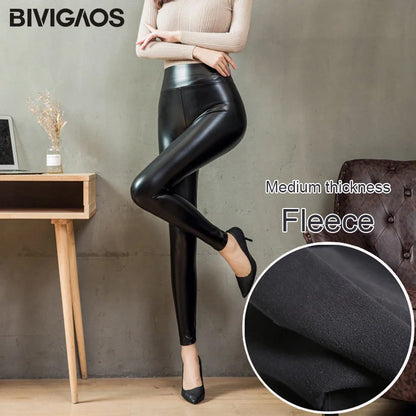 Fashion Women PU Leather Pants Elastic High Waist Winter Leggings Slim Velvet Leather Leggings Skinny Fleece Trousers