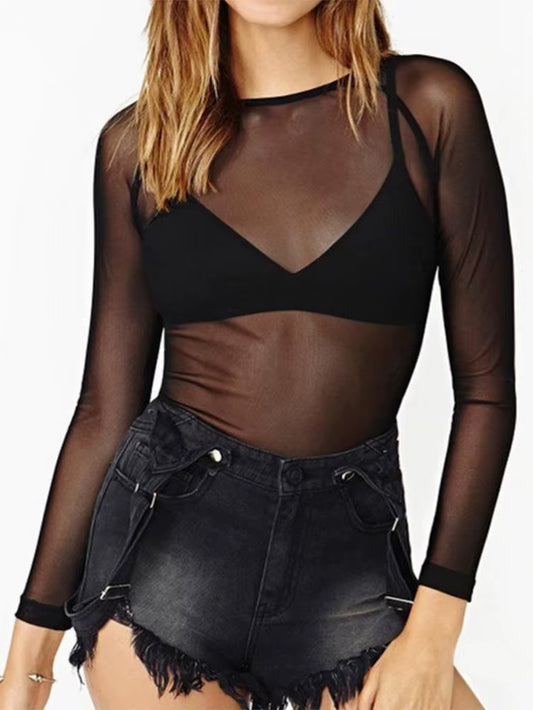 Hot New 2025 Spring Summer Womens Long Sleeve Sexy Black Mesh Top T Shirts Transparent Punk Club Streetwear Tees Beach Tops