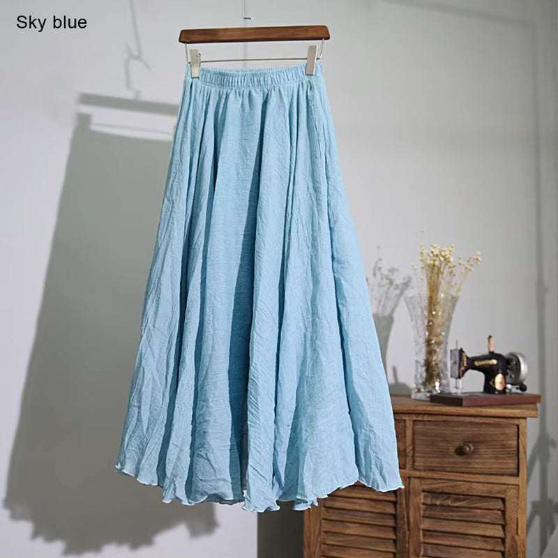 Women'S Elegant High Waist Linen Maxi Skirt 2023 Summer Ladies Casual Elastic Waist 2 Layers Skirts Saia Feminina 20 Colors SK53