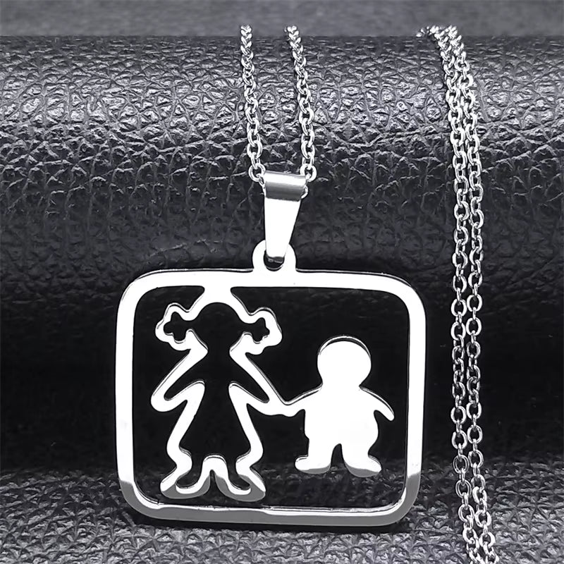 Stainless Steel Necklace Mama Family Necklaces Silver Color Love Boy Girl Pendant Jewelry Women Christmas Gift 355
