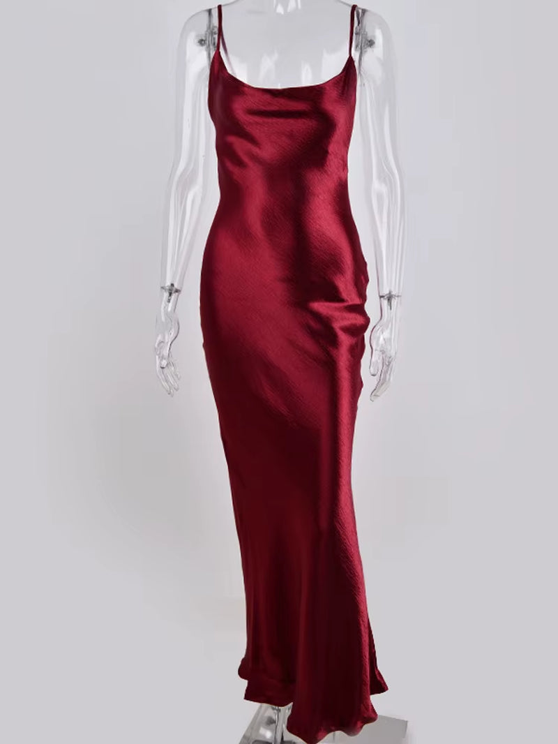 Sexy Spaghetti Strap Backless Maxi Dress Women Satin Lace up Trumpet Evening Dress Elegant Bodycon Party Dresses 2024