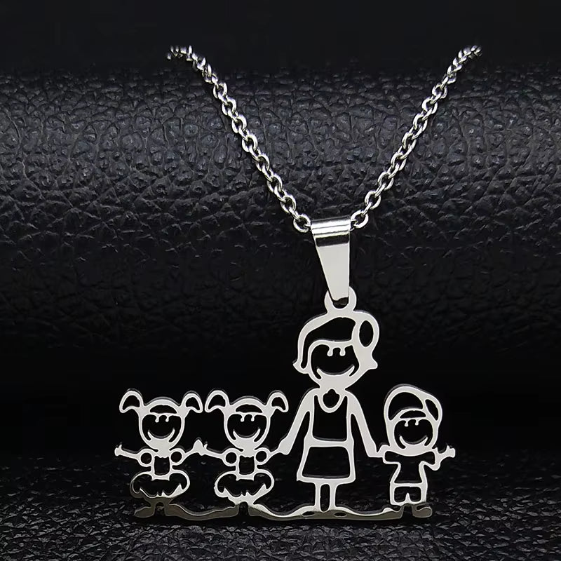 Stainless Steel Necklace Mama Family Necklaces Silver Color Love Boy Girl Pendant Jewelry Women Christmas Gift 355