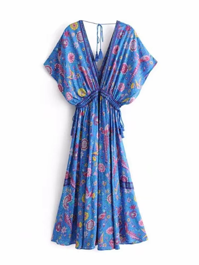 Vintage Chic Women Peacock Floral Print Bat Sleeve Beach Bohemian Maxi Dresses Robe Ladies V-Neck Tassel Summer Boho Dress