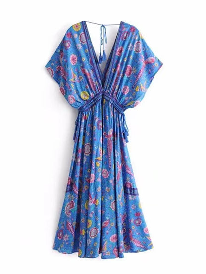 Vintage Chic Women Peacock Floral Print Bat Sleeve Beach Bohemian Maxi Dresses Robe Ladies V-Neck Tassel Summer Boho Dress