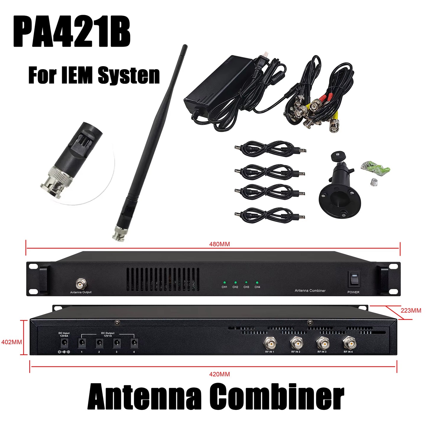 PA421B Antenna Combiner Four to One Antena Distribution System for in Ear Monitor Wireless Systems 4 Transmitters OEM Logo