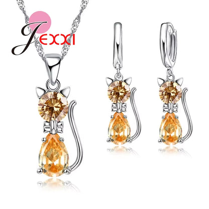 Fast Shipping Retail Romantic Engagement Silver Cute Cat Jewelry Sets Necklace Earrings with Austrian Crystal for Women