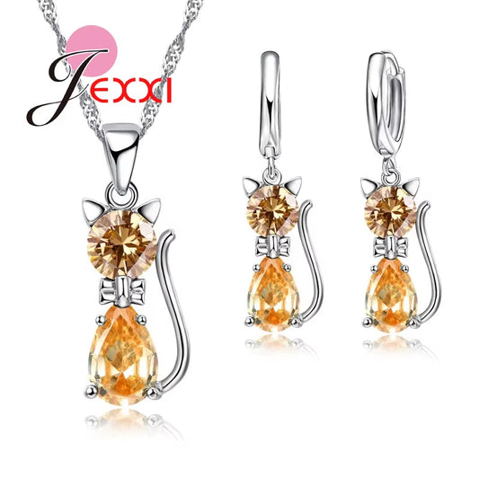 Fast Shipping Retail Romantic Engagement Silver Cute Cat Jewelry Sets Necklace Earrings with Austrian Crystal for Women