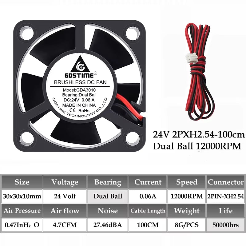 2PCS  Dual Ball Bearing DC 24V 12V 5V 3Cm 30Mm 30X30X10Mm 3010 Brushless Mini Cooler Cooling Fan