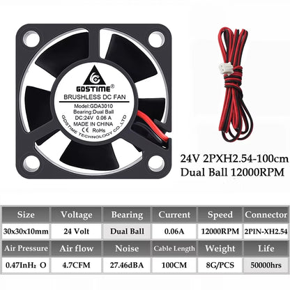 2PCS  Dual Ball Bearing DC 24V 12V 5V 3Cm 30Mm 30X30X10Mm 3010 Brushless Mini Cooler Cooling Fan