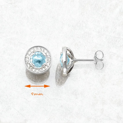 Round Light Blue Studs Earrings Europe Style Fine Jewerly for Women Classic Crystal Gift in 925 Sterling Silver