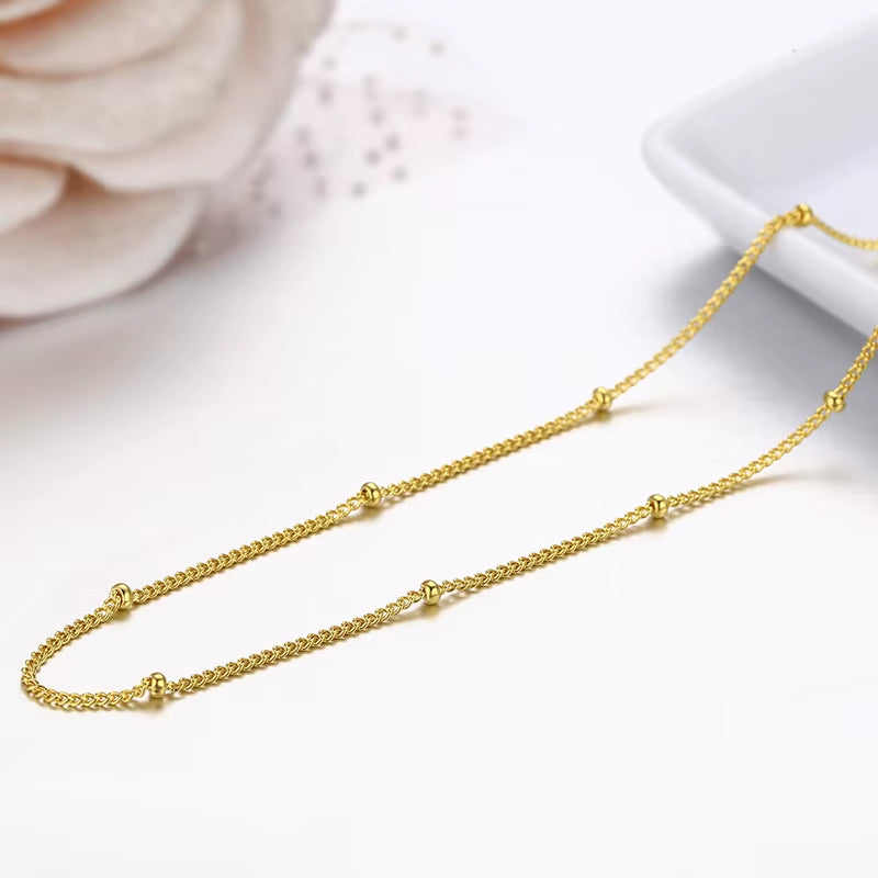 35-80Cm Real 925 Sterling Silver W/ Gold Colour Beads Curb Chain Choker Necklaces for Women Girls Jewelry Kolye Collares Ketting