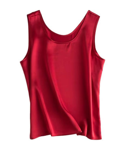 . Women Basic Cozy Tanks, 100%Real Silk, O Neck Sleeveless Chic T Shirt, 2025 Solid Summer Vests, White, Pink, Beige