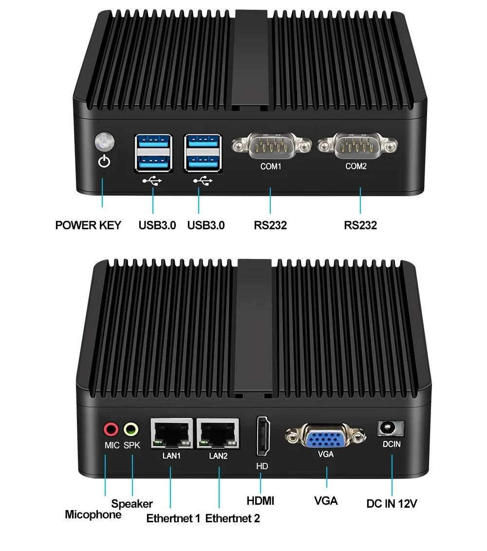 XCY Fanless Mini PC  Celeron J6412 N5105 2X Gbe LAN 2X RS232 HDMI VGA Wifi 4G LTE Windows 10 Linux Industrial Computer