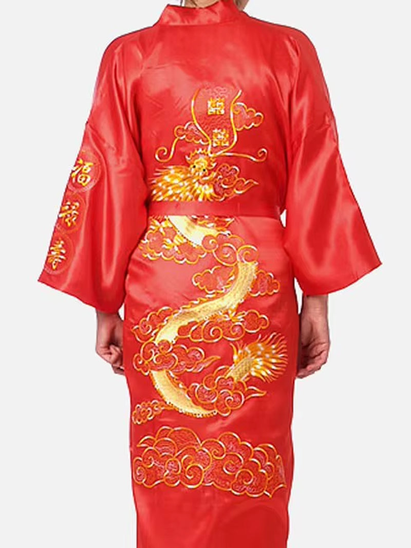 Navy Blue Chinese Men'S Satin Silk Robe Embroidery Kimono Bath Gown Dragon Size S M L XL XXL XXXL S0008