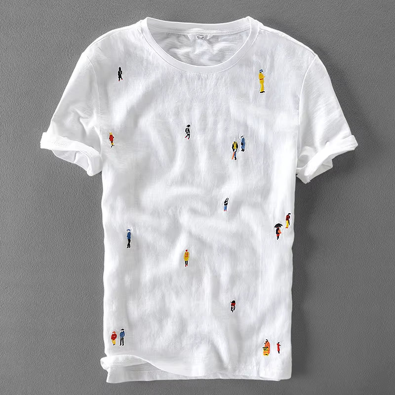 Designer Cartoon Embroidery Stitching Linen Short Sleeve T-Shirt Men Brand Casual round Neck White T Shirt for Men Camiseta