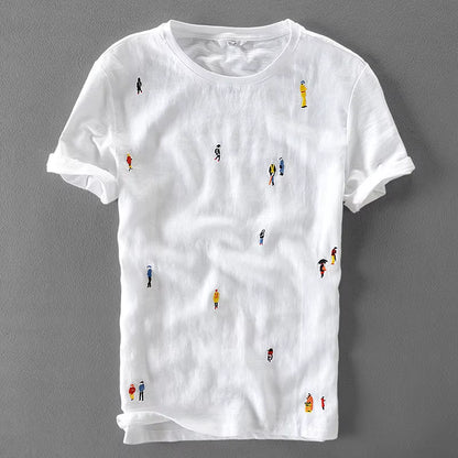 Designer Cartoon Embroidery Stitching Linen Short Sleeve T-Shirt Men Brand Casual round Neck White T Shirt for Men Camiseta