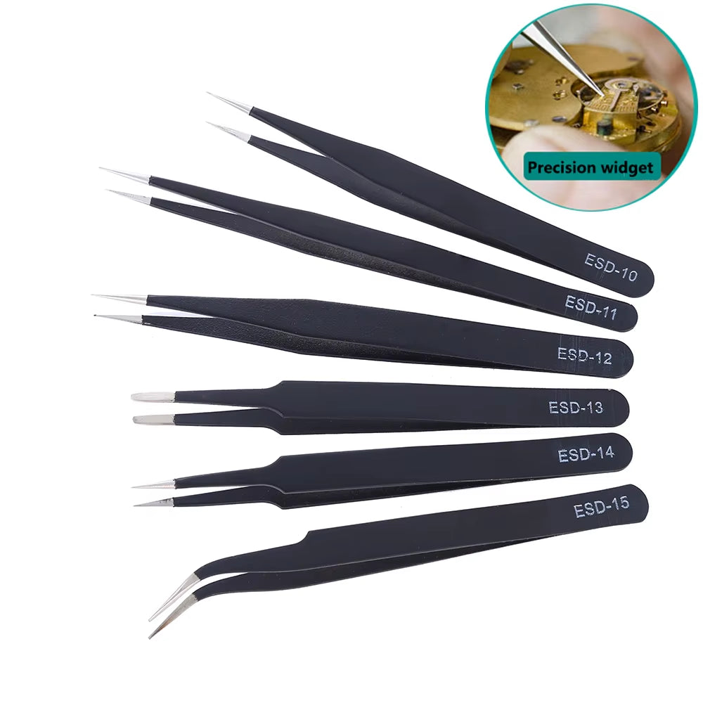 Anti-Static ESD Stainless Steel Tweezers Set Maintenance Tools Industrial Precision Curved Straight Tweezers Repair Tools Set