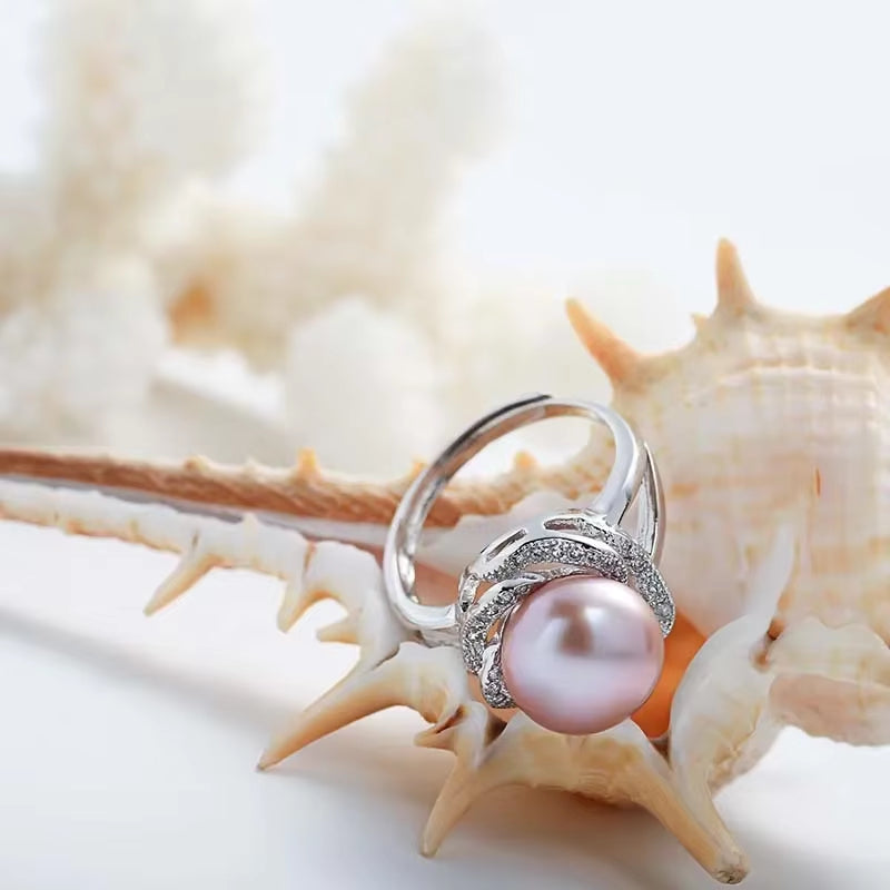 925 Sterling Silver Jewelry on Sale Big Natural Pearl Rings for Women Stone Ring Adjustable White/Pink/Purple Pearl