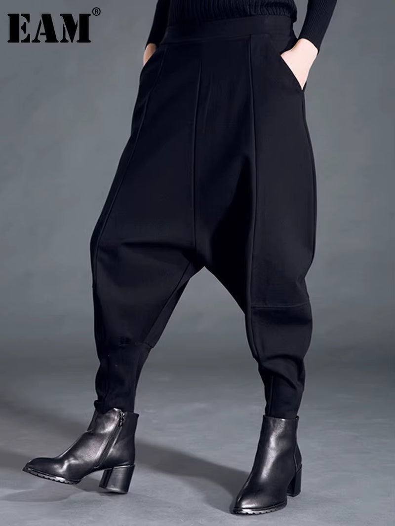 [] High Elastic Waist Black Pocket Thick Patchwork Harem Pants New Trousers Women Fashion Tide Spring Autumn 2025 SA155