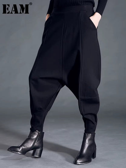 [] High Elastic Waist Black Pocket Thick Patchwork Harem Pants New Trousers Women Fashion Tide Spring Autumn 2025 SA155