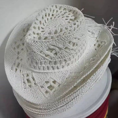 Summer Outdoor Men Women Hand-Woven Western Cowboy Paper Straw Hats Wide Brim Breathable Beach Jazz Cap Sun Protection Hat