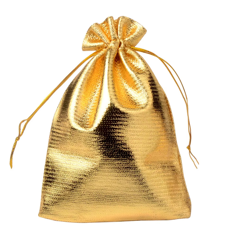 50Pcs/Lot 7X9 9X12 10X15Cm Adjustable Jewelry Packing Fabric Bag Gold Colors Drawstring Wedding Storage Pouches