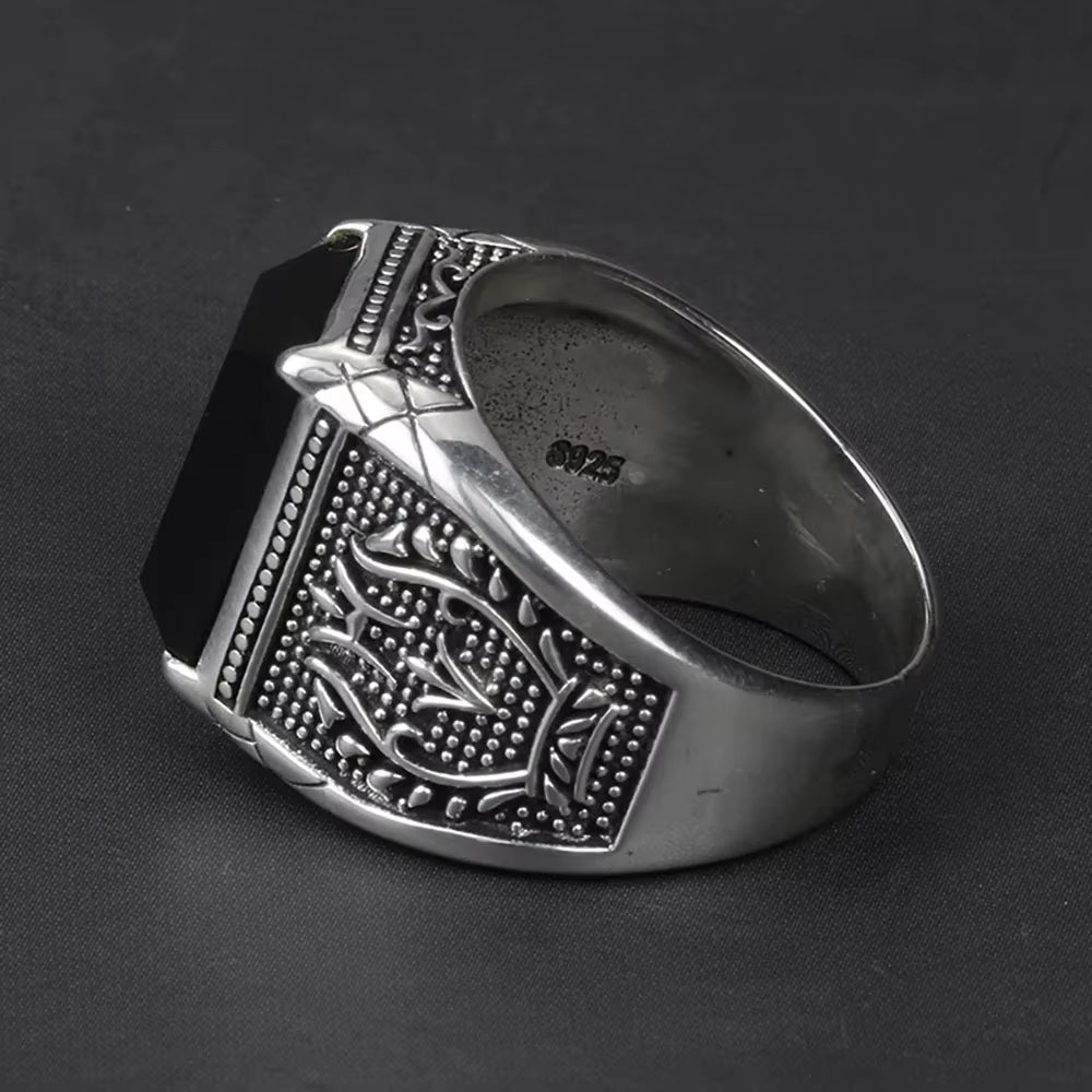 Real Pure 925 Sterling Silver Mens Signet Rings with Black Onyx Natural Stone Retro Flower Engraved Punk Rock Vintage Jewelry