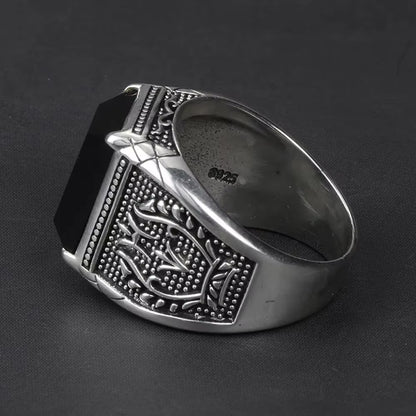 Real Pure 925 Sterling Silver Mens Signet Rings with Black Onyx Natural Stone Retro Flower Engraved Punk Rock Vintage Jewelry
