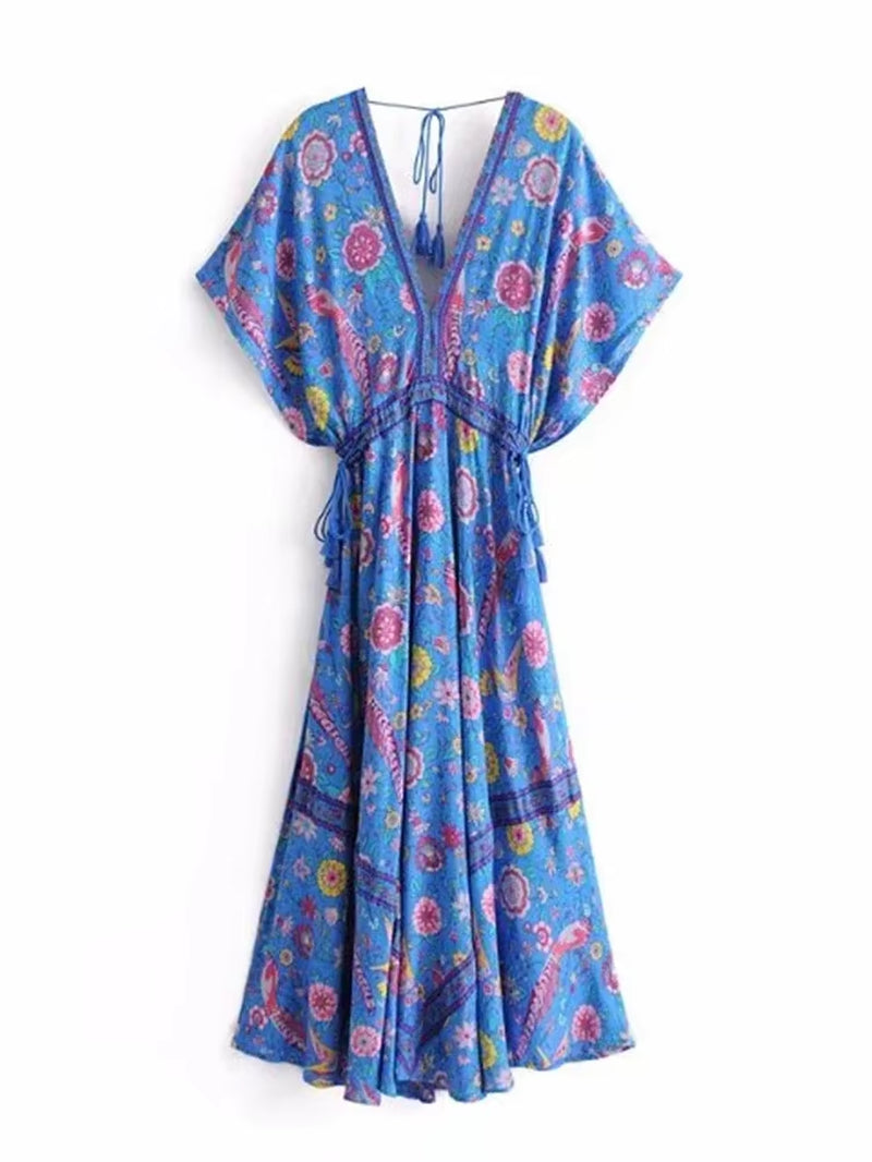 Vintage Chic Women Peacock Floral Print Bat Sleeve Beach Bohemian Maxi Dresses Robe Ladies V-Neck Tassel Summer Boho Dress