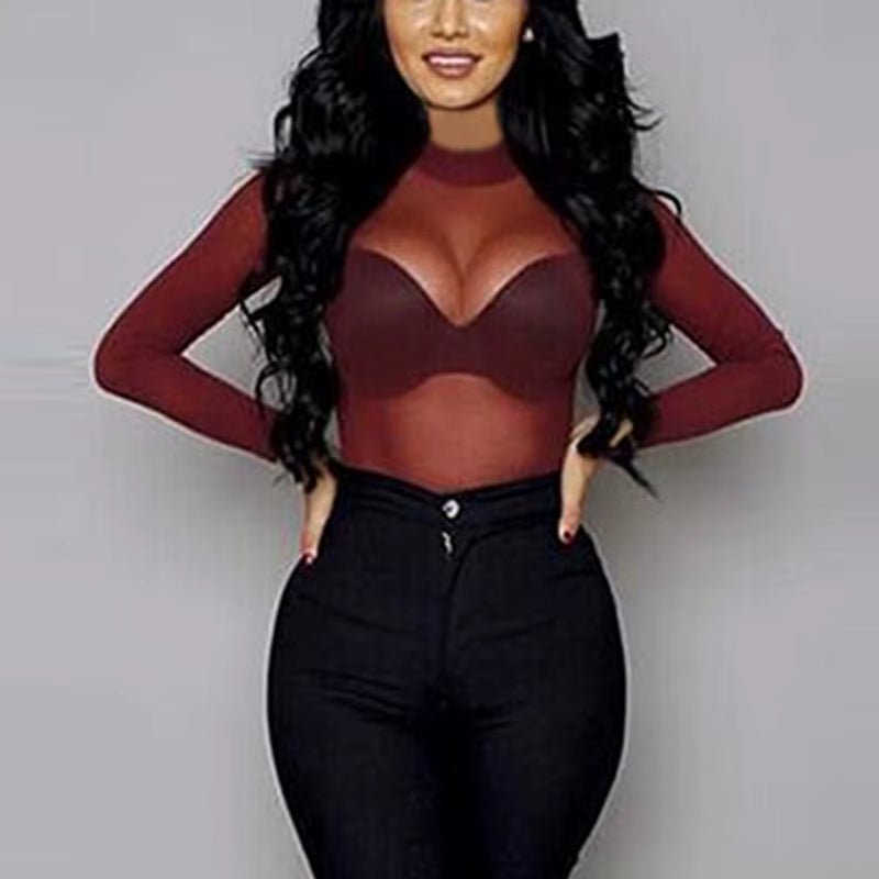 Sexy Women T Shirt See through Transparent Mesh Tops Long Sleeve Sheer Slim Ladies Turtleneck T-Shirt