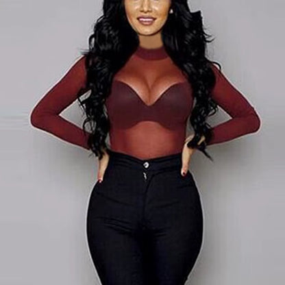 Sexy Women T Shirt See through Transparent Mesh Tops Long Sleeve Sheer Slim Ladies Turtleneck T-Shirt
