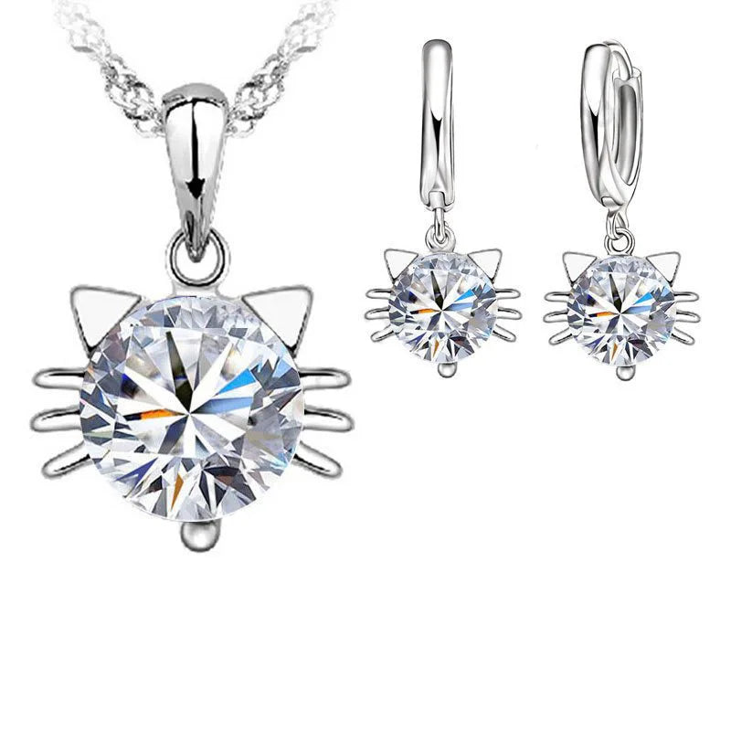 New Arrivals Romantic 925 Sterling Silver Cubic Zircon Cute Pretty Cat Necklace Hoop Earrings Jewelry Sets