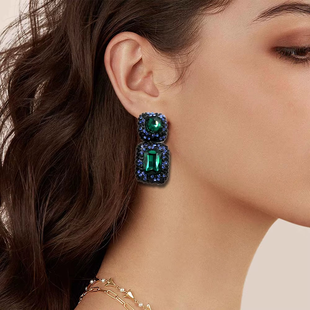 Luxury Blue Crystal Square Dangle Earrings for Women Europe Style Noble Elegant Banquet Party Jewelry Accessories 2024 New