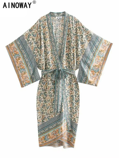 Vintage Chic Women Floral Print Batwing Sleeve Beach Bohemian Kimono Dress Ladies V Neck Summer Boho Robe Cover-Ups Vestidos