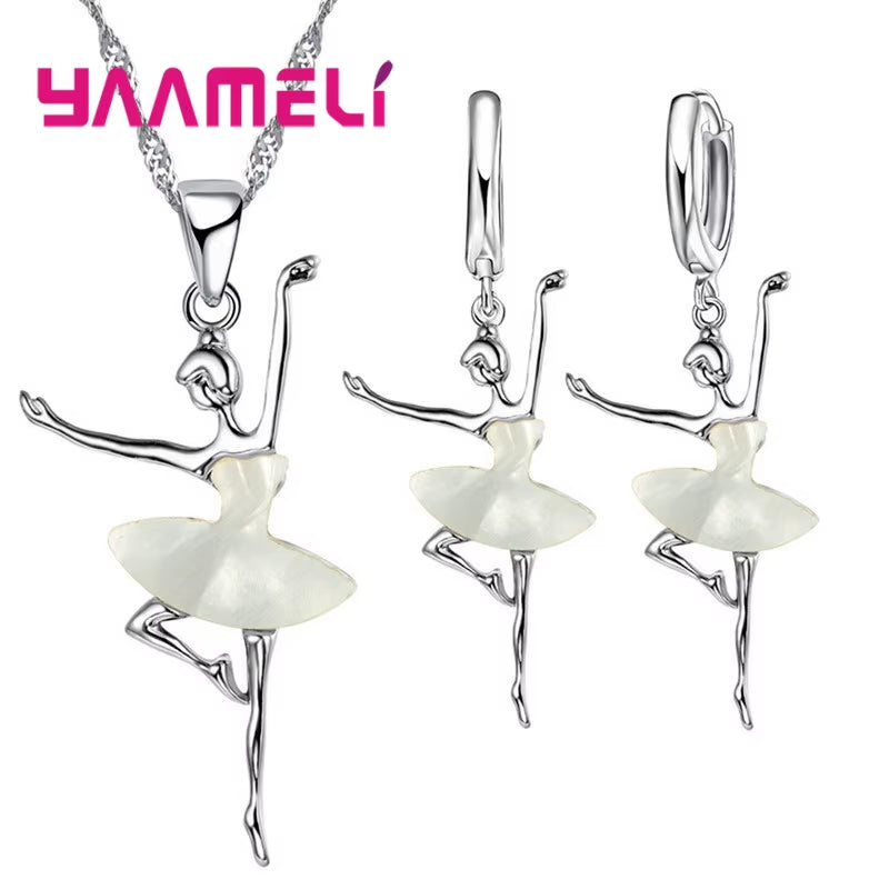 925 Sterling Silver Ballet Girls Pendants Necklaces Earrings Set for Girls Party Accessory Fashion Women Jewelry Sets