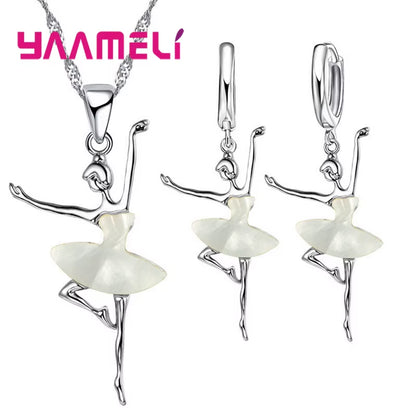 925 Sterling Silver Ballet Girls Pendants Necklaces Earrings Set for Girls Party Accessory Fashion Women Jewelry Sets