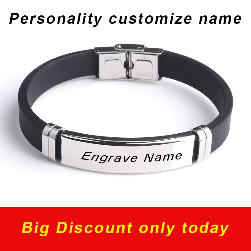 Fashion Engrave Logo Custom Name Bracelet Smooth Silicone Stainless Steel Bracelets for Men Personality Jewelry