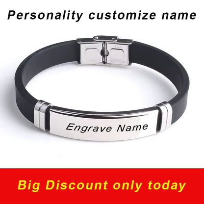 Fashion Engrave Logo Custom Name Bracelet Smooth Silicone Stainless Steel Bracelets for Men Personality Jewelry