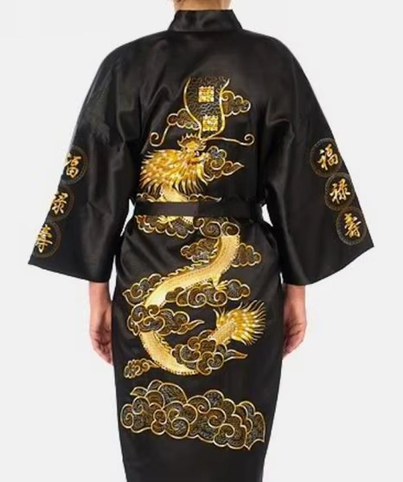 Navy Blue Chinese Men'S Satin Silk Robe Embroidery Kimono Bath Gown Dragon Size S M L XL XXL XXXL S0008
