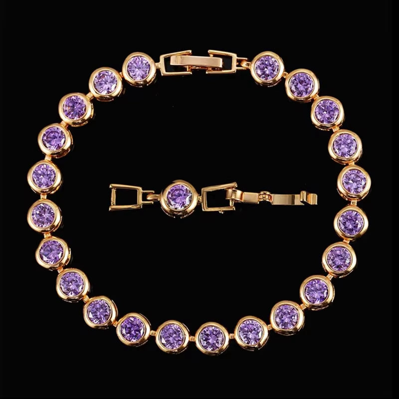 Pera Gorgeous Design Gold Color round Shape Purple Cubic Zirconia Stone Charm Link Bracelets Wedding Jewelry for Women B020