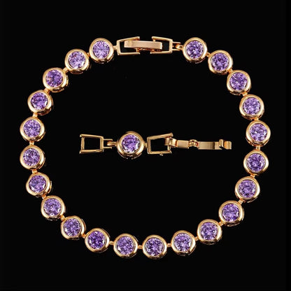 Pera Gorgeous Design Gold Color round Shape Purple Cubic Zirconia Stone Charm Link Bracelets Wedding Jewelry for Women B020