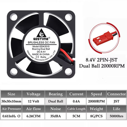 2PCS  Dual Ball Bearing DC 24V 12V 5V 3Cm 30Mm 30X30X10Mm 3010 Brushless Mini Cooler Cooling Fan