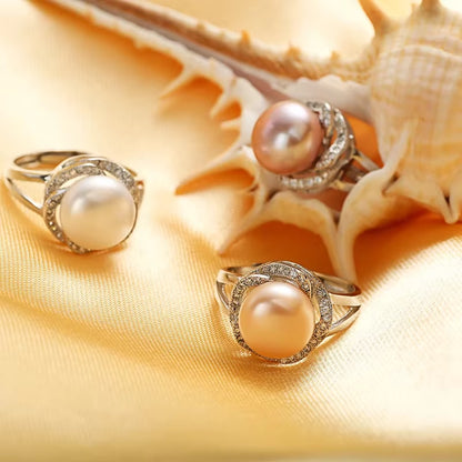 925 Sterling Silver Jewelry on Sale Big Natural Pearl Rings for Women Stone Ring Adjustable White/Pink/Purple Pearl