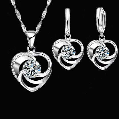 925 Sterling Silver Necklace Earrings Set Long Chain Sweet Romantic Style Love Heart Shape for Women Lady Wife