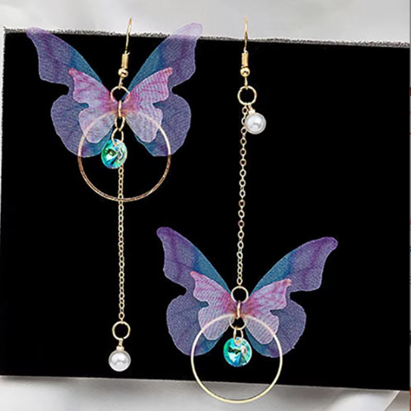 Korean Fashion Retro Asymmetrical Exquisite Butterfly Earrings Imitation Pearl Alloy Wings Pendant Long Earrings Women