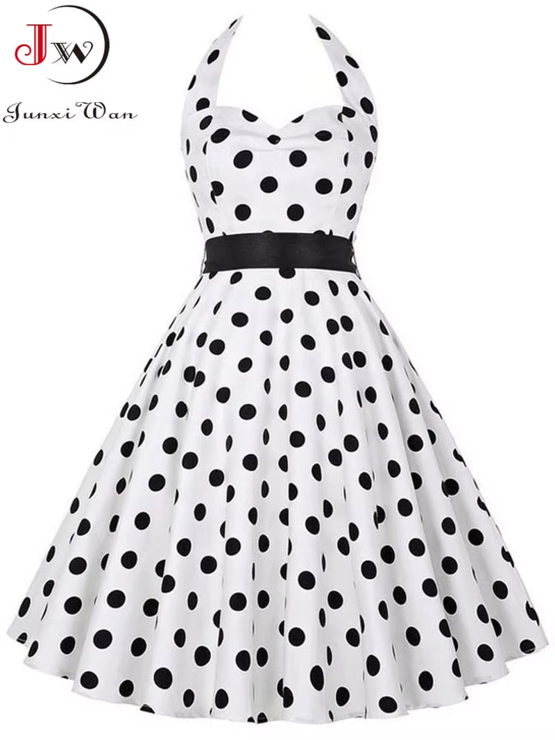 Polka Dot Dress Women Vintage Swing Halter Belt 50S 60S Rockabilly Prom Party Dresses Retro Feminino Vestidos