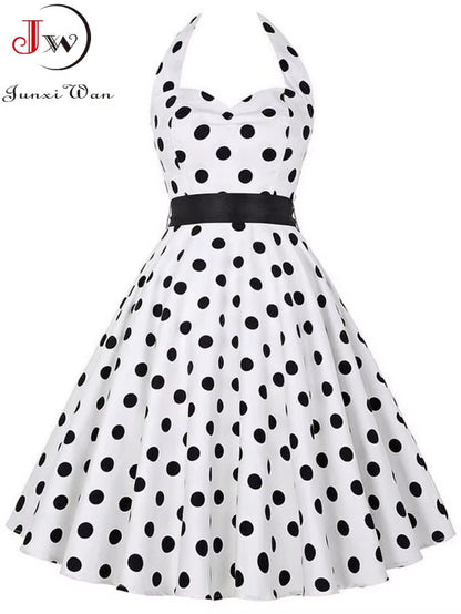 Polka Dot Dress Women Vintage Swing Halter Belt 50S 60S Rockabilly Prom Party Dresses Retro Feminino Vestidos