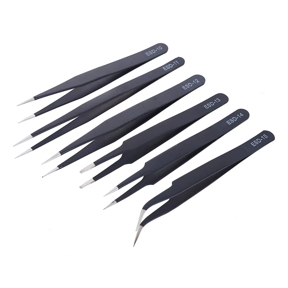 Anti-Static ESD Stainless Steel Tweezers Set Maintenance Tools Industrial Precision Curved Straight Tweezers Repair Tools Set